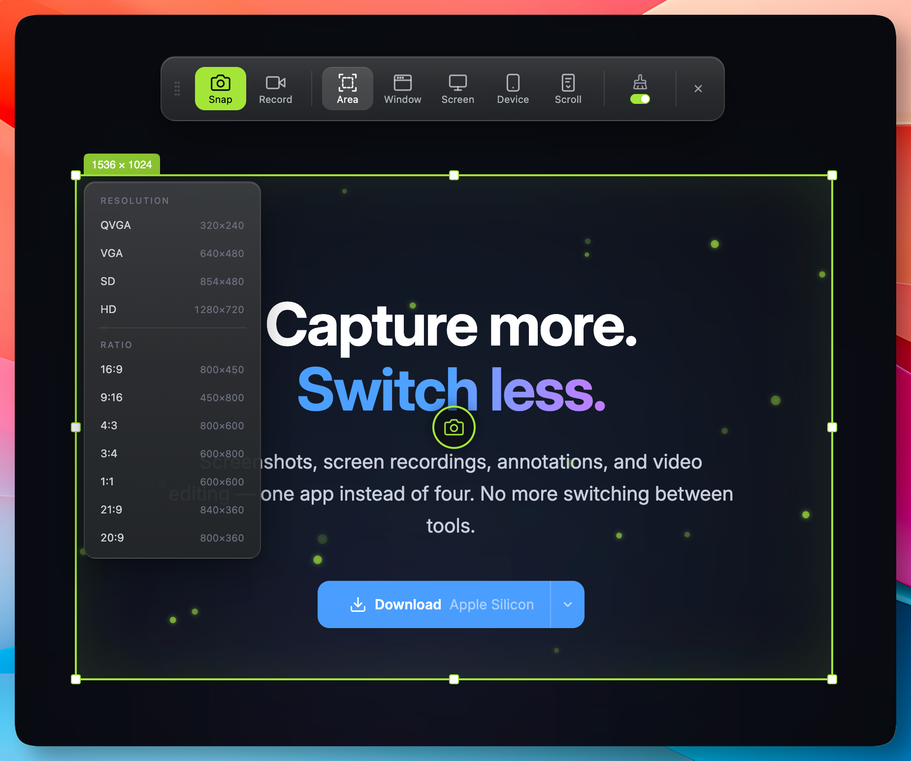 Select any region on screen β pixel-perfect capture, instantly.